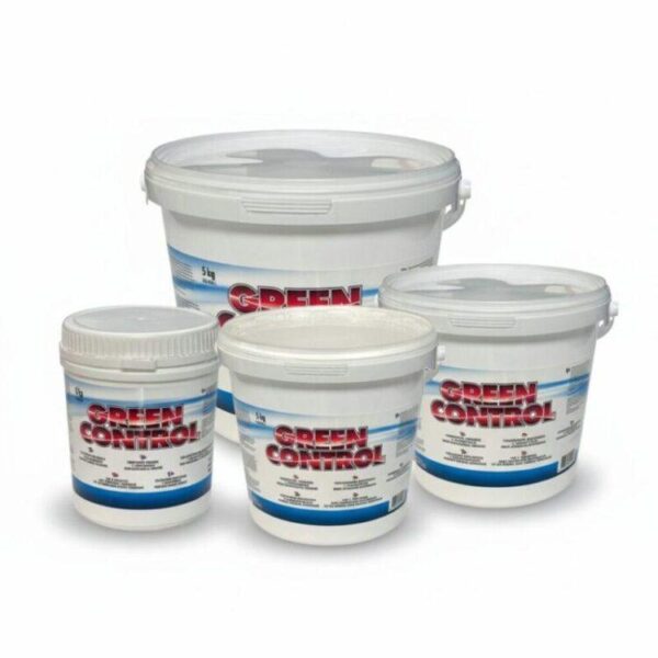 Collection of Green Control Natural Blanketweed Control tubs and containers, showing the 1kg, 2.5kg, 5kg, and 10kg sizes