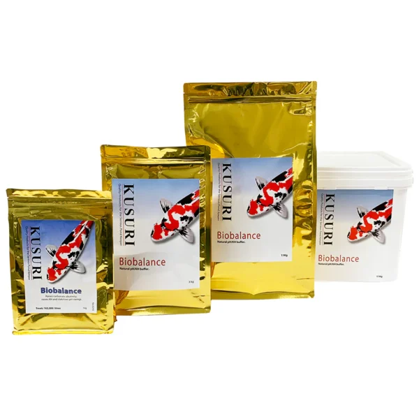 Kusuri Bio Balance pH/KH Buffer group shot 1kg, 3kg, and 11kg for Koi pond water stabilisation.