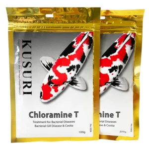 kusuri-chloramine-t-100g-250g-set Kusuri Chloramine T Parasite Treatment 100g and 250g packets shown together.
