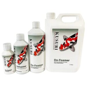 kusuri-defoamer-all-sizes-250ml-to-5-litre-range Full range of Kusuri De-Foamer products: 250ml, 500ml, 1 Litre, and 5 Litres for pond foam removal.