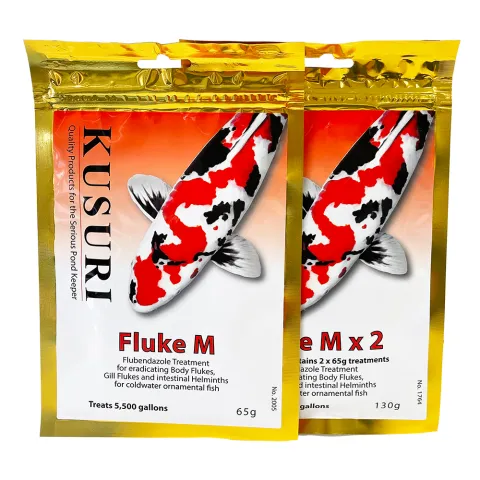 Group photo of Kusuri Fluke M Flubendazole powder treatment, showing 65g and 130g (twin pack) sizes.
