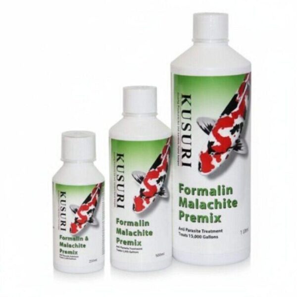 kusuri-fmg-mix-250ml-500ml-1l-bottles The complete range of Kusuri Malachite Green & Formalin Mix (FMG), showing the 250ml, 500ml, and 1 Litre bottles together.