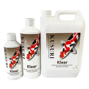 kusuri-klear-beneficial-bacteria-all-sizes Group photo of Kusuri Klear Beneficial Bacteria liquid bottles, showing 500ml, 1 Litre, and 5 Litre sizes for pond clarity and filter support.