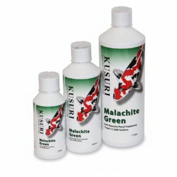 kusuri-malachite-green-pond-treatment-all-sizes Group photo showing the 250ml, 500ml, and 1 Litre bottles of Kusuri Malachite Green Pond Treatment.