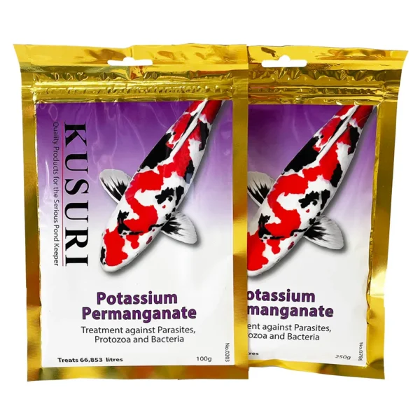 kusuri-potassium-permanganate-koi-two-sizes Group photo of Kusuri Potassium Permanganate powder (100g and 250g), a chemical treatment for koi parasites.