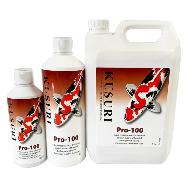 kusuri-pro-100-bacteria-sizes-group Group shot of Kusuri PRO-100 bacteria treatment bottles, showing 500ml, 1 Litre, and 5 Litres for koi pond health.