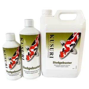 Group shot of Kusuri Sludgebuster pond sludge treatment bottles, showing 500ml, 1 Litre, and 5 Litres sizes.