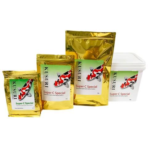 Group shot of Kusuri Super C Waste Break Down pouches, showing 1kg, 3kg, and 8kg sizes for pond hygiene.