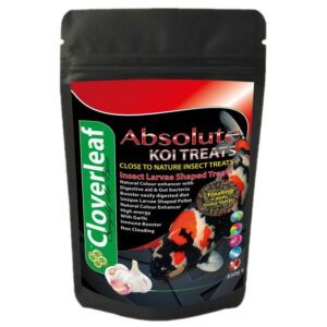 absolute-insect-garlic-treats-850g 850g bag of Absolute Insect Koi Treats & Garlic, high-protein, larvae-shaped floating pellets.