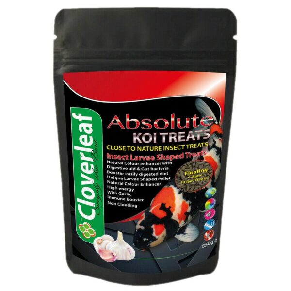 850g bag of Absolute Insect Koi Treats & Garlic, high-protein, larvae-shaped floating pellets.