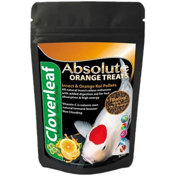 850g tub of Absolute Insect Koi Pellets in orange flavor, rich in Vitamin C.