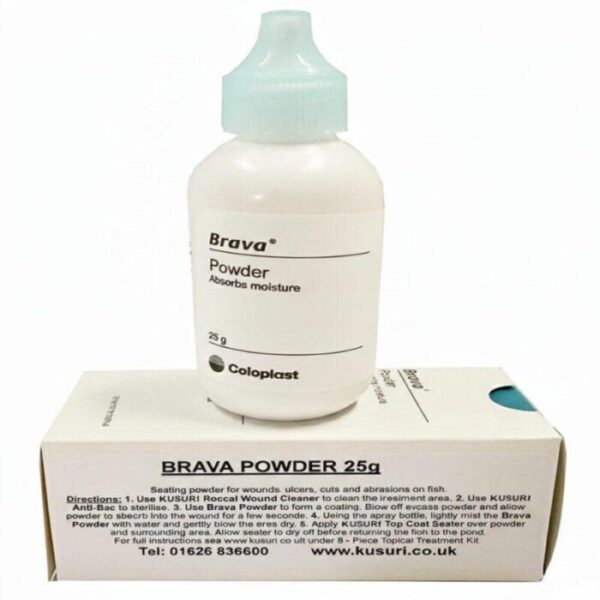 Box and bottle of Kusuri Brava Powder Koi, the replacement for ORAhesive, used for protecting deep fish ulcers.