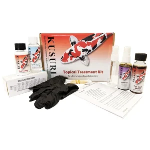 All components of the Kusuri Ulcer Treatment Kit 8 Piece displayed, including Masuizai, Roccal, Top Coat Sealer, and tools.