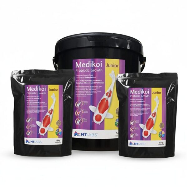 Group shot showing all available sizes of Medikoi Growth Koi Food bags.