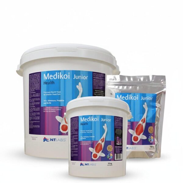 `medikoi-health-junior-koi-food-all-sizes-group-shot Group shot showing all available sizes of the Medikoi Health Junior Food 3mm pellets.