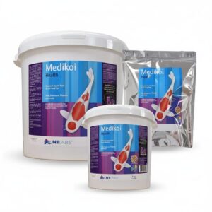 Group shot showing all bulk sizes (3kg, 5kg, and 10kg) of the Medikoi Health Koi Food 6mm pellets.