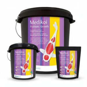 Group shot showing all three available bulk sizes (3kg, 5kg, and 10kg) of the Medikoi Probiotic Growth Food 6mm pellets.