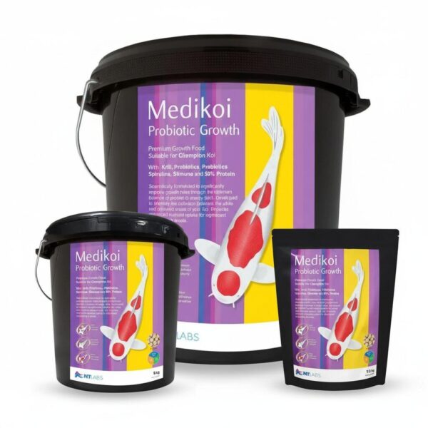 medikoi-probiotic-growth-food-all-sizes-group-shot-6mm Group shot showing all three available bulk sizes (3kg, 5kg, and 10kg) of the Medikoi Probiotic Growth Food 6mm pellets.