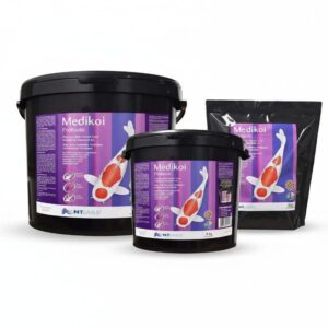 Group shot showing all three available bulk sizes (3kg, 5kg, and 10kg) of the Medikoi Probiotic Koi Food 6mm multi-season pellets.