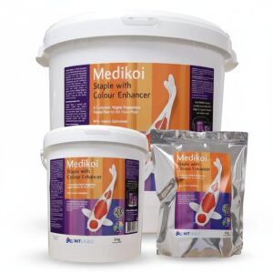 Group shot showing all available bulk sizes (3kg, 5kg, and 10kg) of the Medikoi Staple Koi Food 6mm pellets with colour enhancers.