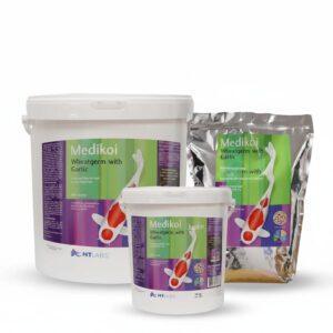 Group shot showing all three available bulk sizes (3kg, 5kg, and 10kg) of the Medikoi Wheatgerm Koi Food 6mm pellets.