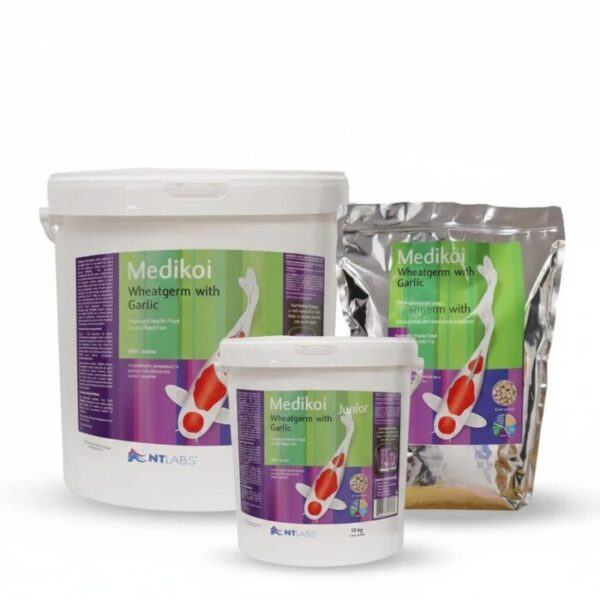 medikoi-wheatgerm-koi-food-garlic-all-sizes-group-shot Group shot showing all three available bulk sizes (3kg, 5kg, and 10kg) of the Medikoi Wheatgerm Koi Food 6mm pellets.