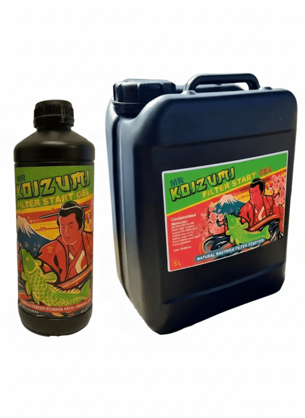 Group shot showing 1 Litre and 5 Litre options of Mr Koizumi Filter Start Gel biological pond treatment