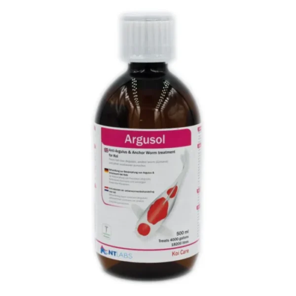500ml bottle of NT Labs Argusol, a specialized blue solution for treating fish lice and anchor worm infestations in koi.