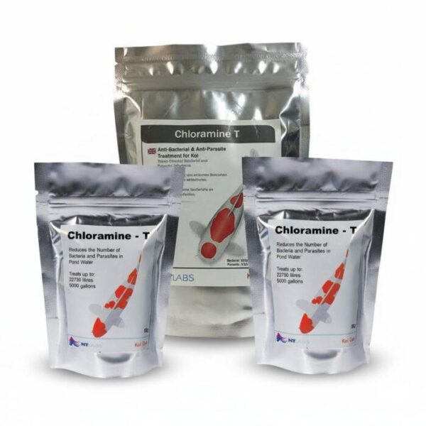 Group photograph showing the 50g, 250g, and 440g packets of NT Labs Chloramine T side-by-side.