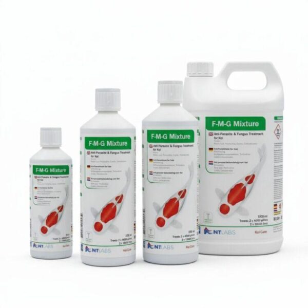 Group photo of all NT Labs FMG Mix bottles: 250ml, 500ml, 1 Litre, 2.5 Litre. Professional Malachite Green and Formalin pond treatment for white spot and flukes.