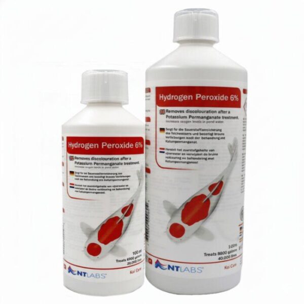 Group photo showing the 500ml and 1 Litre bottles of NT Labs Hydrogen Peroxide side-by-side.