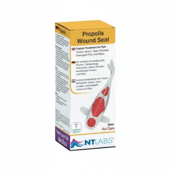 Small 30ml bottle of NT Labs Propolis Koi solution with dropper top, showing the natural, golden-brown liquid.