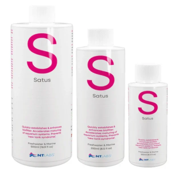 Group photo showing the 100ml, 250ml, and 500ml bottles of NT Labs Satus Aquarium Starter.