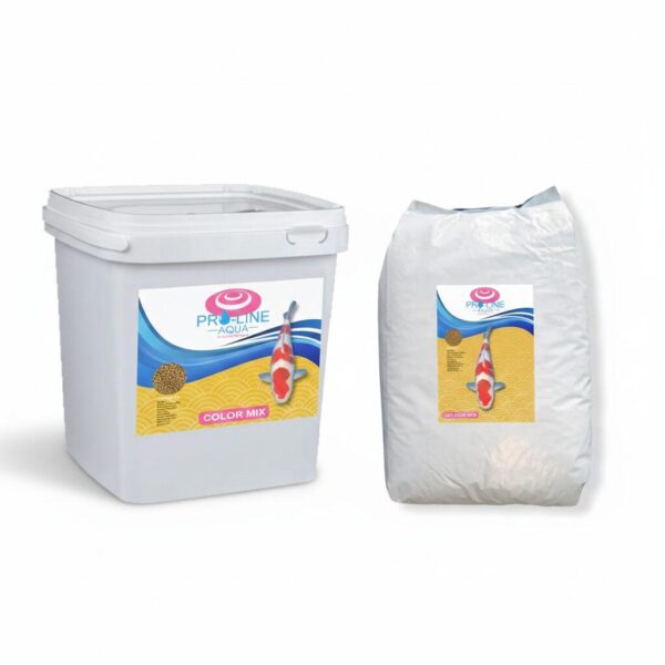 pro-line-aqua-top-color-all-sizes-group Group photo showing the 6kg tub, 15kg bag, and floating pellets of Pro Line Aqua Top Color together.