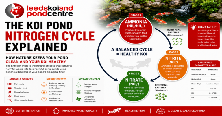 Illustration explaining the koi pond nitrogen cycle including ammonia, nitrite, nitrate and beneficial bacteria.