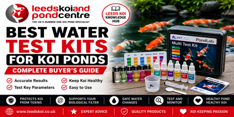 Best water test kits for koi ponds featuring liquid multi test kits for testing ammonia, nitrite, nitrate, pH, KH and GH to maintain healthy pond water.