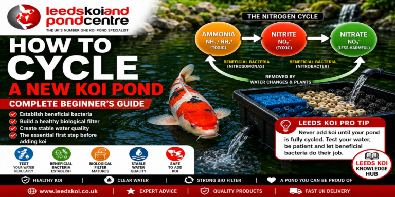 How to cycle a new koi pond showing biological filter media, beneficial bacteria, the ammonia to nitrite to nitrate cycle and healthy koi fish. Complete beginner's guide from Leeds Koi.