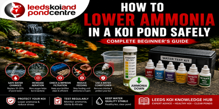 Koi pond owner lowering ammonia safely using water testing, partial water changes and biological filtration.