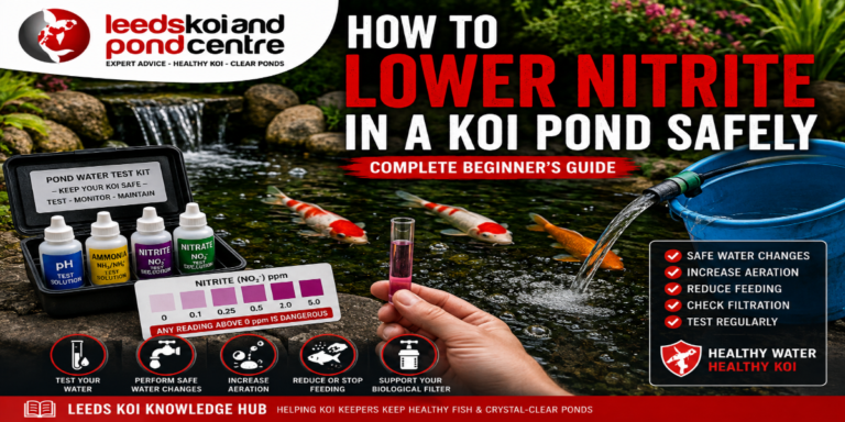 Koi pond water being tested while performing a safe water change to reduce nitrite levels.