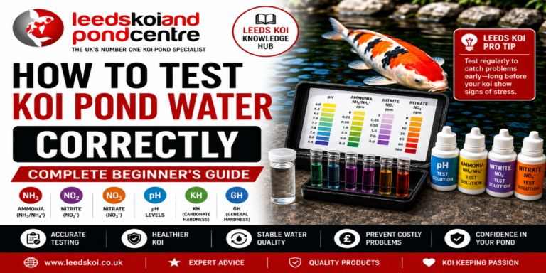 How to test koi pond water correctly using a liquid water test kit to check ammonia, nitrite, nitrate, pH, KH and GH for healthy koi.