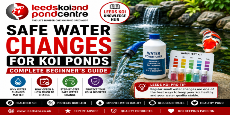 Safe water changes for koi ponds showing fresh water being added safely while protecting koi, biological filtration and water quality. Complete beginner's guide from Leeds Koi.