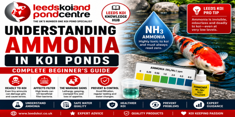 Understanding ammonia in koi ponds with healthy koi fish and water quality testing. Complete beginner's guide to ammonia levels, ammonia poisoning and pond filtration from Leeds Koi.