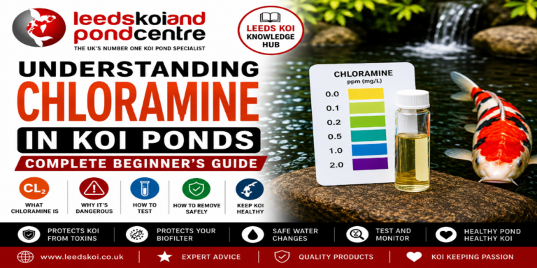 Understanding chloramine in koi ponds featuring a chloramine test kit, colour comparison chart, healthy koi fish and pond water background. Complete beginner's guide to removing chloramine safely from tap water before water changes by Leeds Koi.