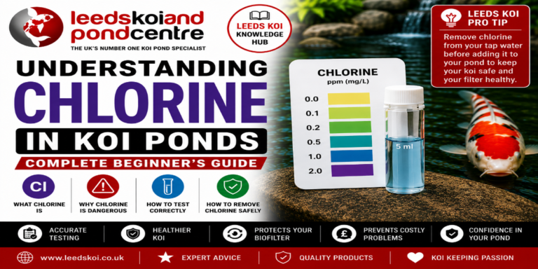 Understanding chlorine in koi ponds featuring a chlorine water test kit, chlorine colour chart, healthy koi fish and pond water testing. Complete beginner's guide to chlorine removal, tap water safety and protecting koi from chlorine by Leeds Koi.