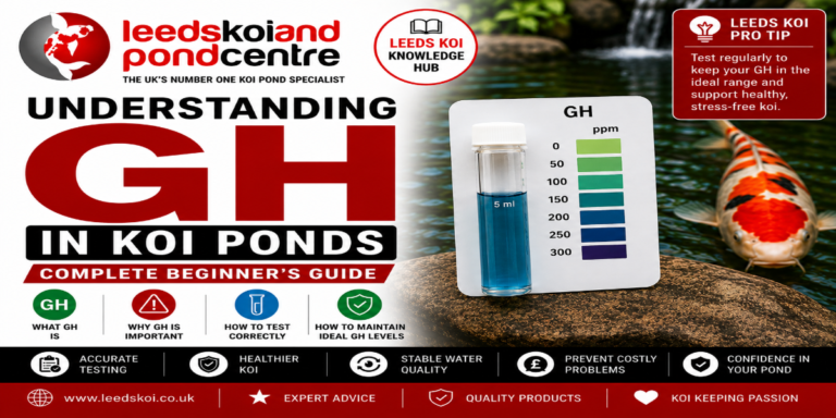 Understanding GH in koi ponds featuring a GH water test kit, healthy koi fish and general hardness testing. Complete beginner's guide to GH, calcium, magnesium, mineral balance and healthy pond water from Leeds Koi.