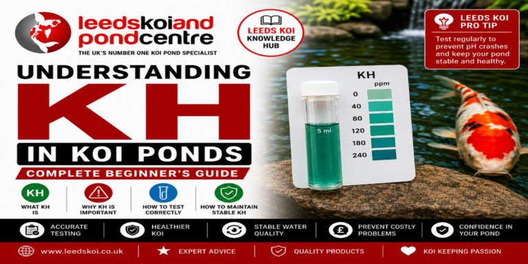 Understanding KH in koi ponds featuring a KH water test kit, healthy koi fish and carbonate hardness testing. Complete beginner's guide to KH, buffering capacity, pH stability and preventing pH crashes from Leeds Koi.