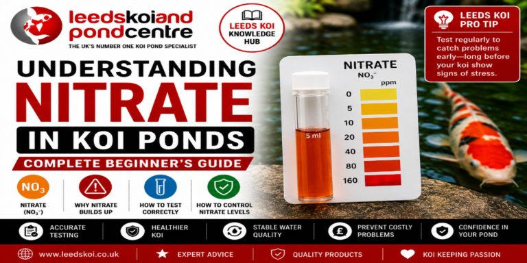 Understanding nitrate in koi ponds featuring a nitrate test kit, healthy koi fish and water quality testing. Complete beginner's guide to safe nitrate levels, reducing nitrate and maintaining healthy pond water from Leeds Koi.