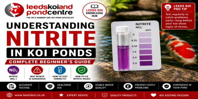 Understanding nitrite in koi ponds featuring a nitrite test kit, healthy koi fish and water quality testing. Complete beginner's guide to nitrite poisoning, safe nitrite levels and biological filtration from Leeds Koi.