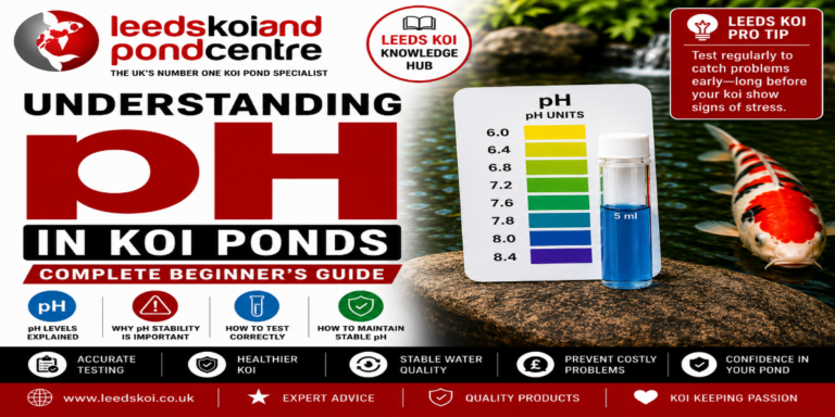 Understanding pH in koi ponds featuring a pH test kit, healthy koi fish and water quality testing. Complete beginner's guide to safe pond pH, pH stability, pH crashes and water chemistry from Leeds Koi.