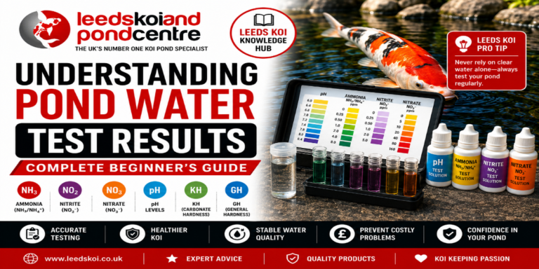 Understanding Pond Water Test Results in koi ponds showing pH, ammonia, nitrite, nitrate, KH and GH water testing explained for beginners.